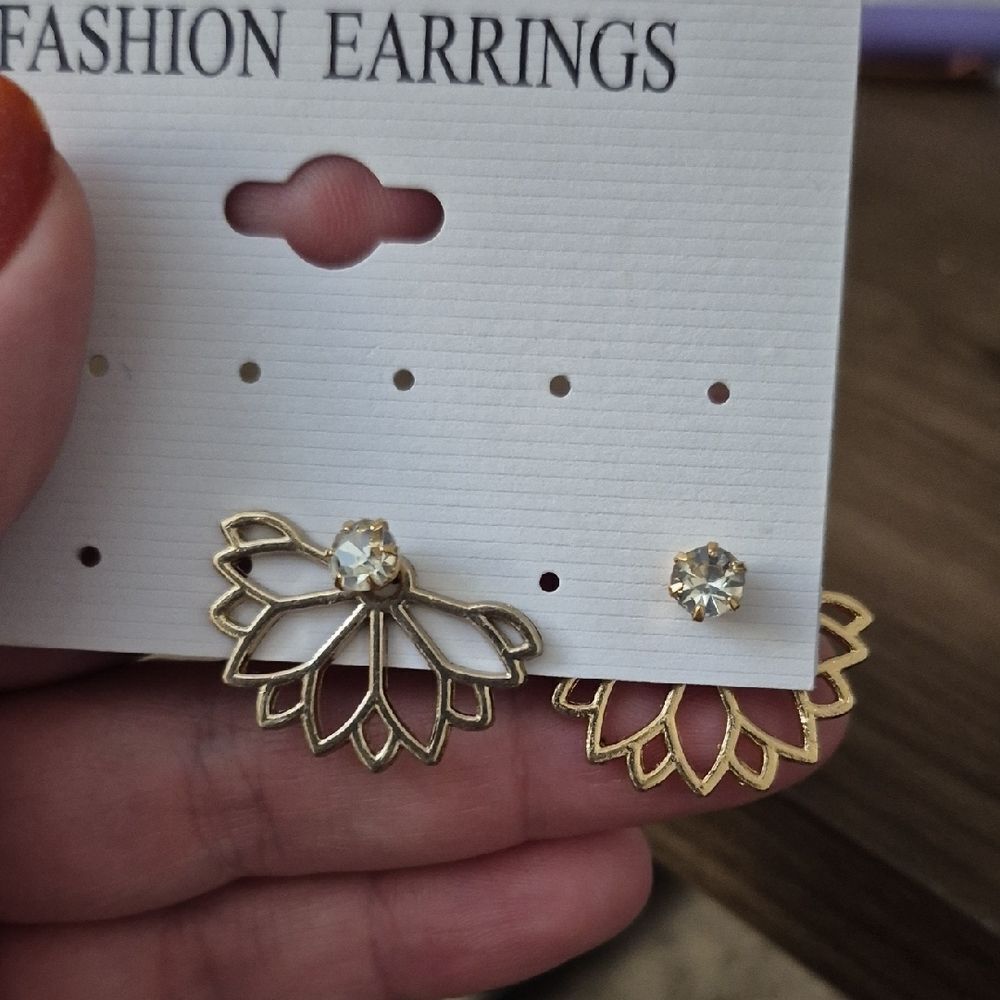 💥3/$12💥 Lotus Flower Ear Jacket & Stud Gold Stone Silver Fashion Earrings